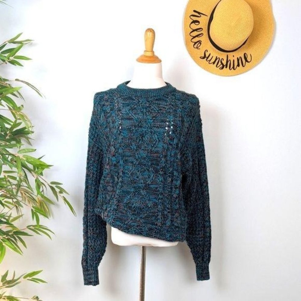 Vintage 90s Oversized Cozy Sweater Mens M Womens L Teal Chunky Cable Knit